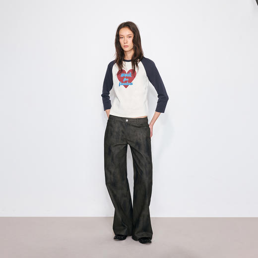 NUTH“Work for Freedom”拼色爱心印花修身七分袖t恤女 商品图0