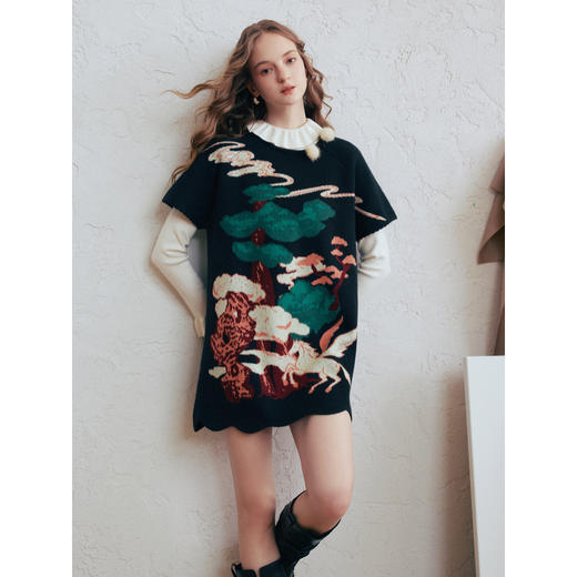 两三事 云驮松青 2026春季新款复古毛球装饰花色套头针织衫女宽松 商品图1