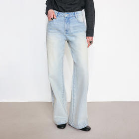 NUTH清爽水洗浅蓝色复古做旧直筒牛仔裤女