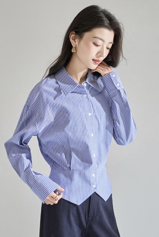 「预售」「高货sh」全新升级【铂金会员183/天猫249/差价66】(00402)洛诗琳气质miu系蓝色条纹收腰衬衫2026春季新款抗皱免烫百搭通勤衬衣 商品图3