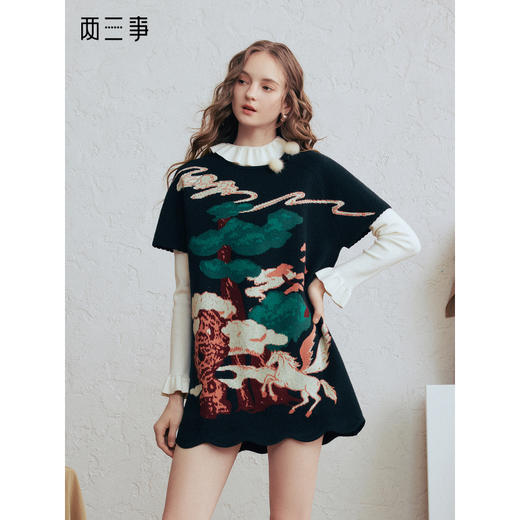 两三事 云驮松青 2026春季新款复古毛球装饰花色套头针织衫女宽松 商品图0