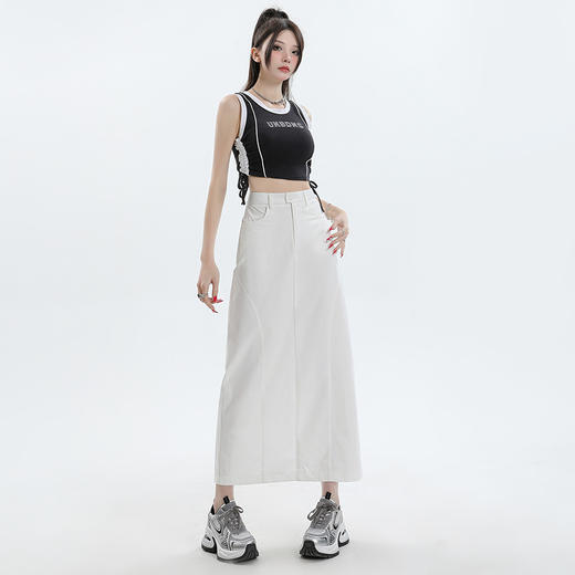 感白色半身裙女夏季设计感小众后开叉字半身长裙高腰直筒裙 商品图2