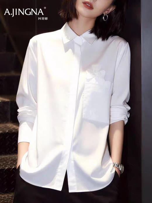 【oversize版型】阿菁娜春季新款极简设计感白衬衫胸前立体花朵装饰oversize版型慵懒随性F31C201005 商品图4