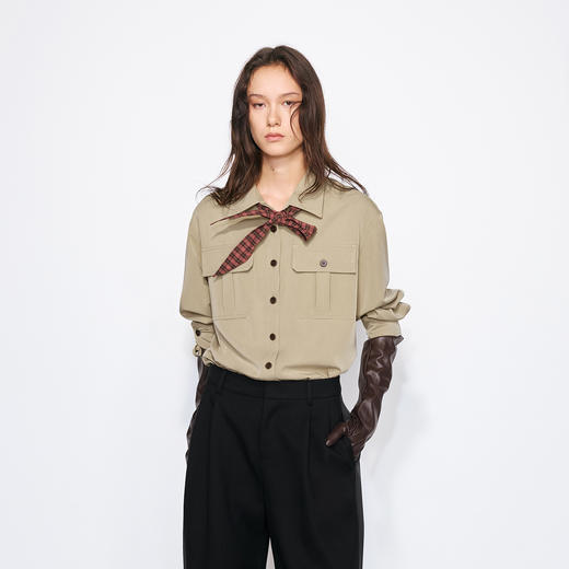 NUTH复古可拆卸格纹领结工装衬衫女 卡其色 商品图3