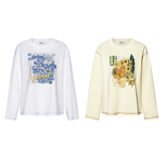 两三事梵高文艺 日光扉页 2026春季新款向日葵印花长袖t恤女宽松 商品图4