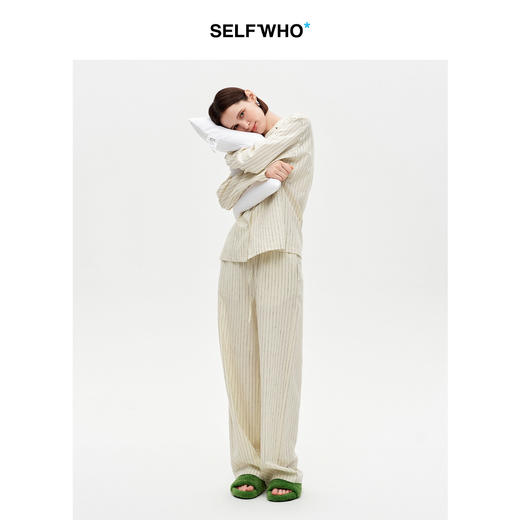 SELFWHO亚麻棉混纺浅卡其色条纹睡裤直筒裤女2026春季新款家居裤 商品图2