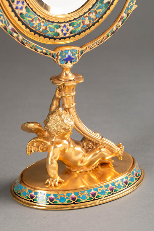 独角鹿西洋古董1850-1870年代法国拿破仑三世时期出品小天使造型铜鎏金精雕镶嵌花卉纹錾胎珐琅桌面立镜 商品图8