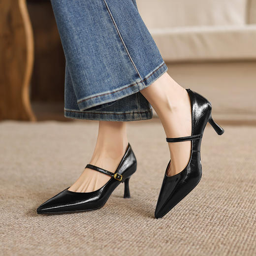 阿么手工女鞋法式气质一字带细跟高跟鞋尖头漆皮浅口单鞋女6.5CM 商品图3