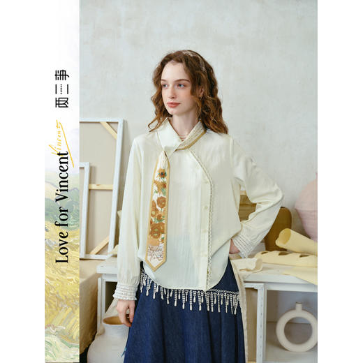 两三事梵高文艺回声溪月2026春新款小清新印花领带斜边纽扣衬衫女 商品图0