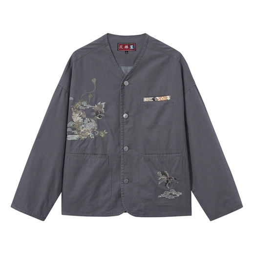 ONIARAI/鬼洗26春季泥棒蓝葫芦金鱼同色刺绣复古V领外套男N340253 商品图4