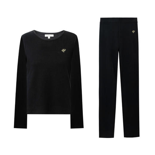 SELFWHO绵羊毛混纺高弹黑色打底衫女2025冬新款撞色刺绣修身上衣 商品图4