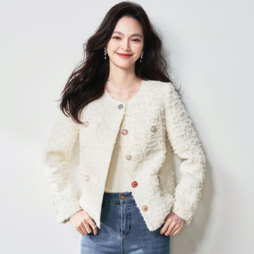 「高货sh」全新升级【铂金会员441/天猫589/差价148】(05822)洛诗琳2026春季新款轻奢彩色水钻扣高定立体灵动羊毛纱线小香风外套 商品图4