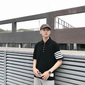 F012223春夏四条纹下摆小开叉纯棉短袖POLO衫男女同款