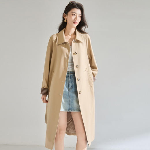 「高货sh」全新升级【铂金会员413/天猫559/差价146】(01024)洛诗琳经典翻领外套2026春季气质优雅格纹袖口拼接风衣 商品图3