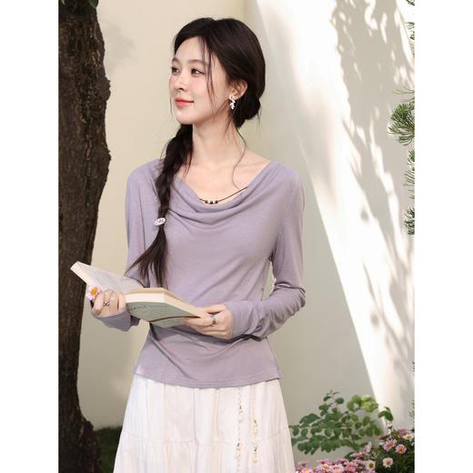 鹿向南「紫烟缠纱」灰紫色长袖T恤春季新款设计感时尚显瘦上衣女 商品图0