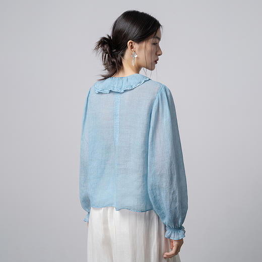 【林栖设计小店】与风共奏|手工炒色苎麻天蓝色温柔荷叶边牙签褶2026春新款衬衣1961180 商品图5