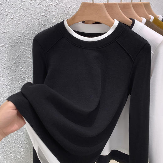「自j」全新升级【铂金会员119/天猫159/差价40】(11615)洛诗琳假两件撞色长袖T恤2026新款正肩修身打底上衣 商品图1