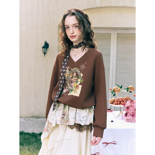 两三事梵高文艺星群旧梦2026春新款荷叶边下摆抽绳收腰印花卫衣女 商品图1