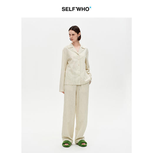 SELFWHO亚麻棉混纺浅卡其色条纹衬衫睡衣套装女2026春新款家居服 商品图3