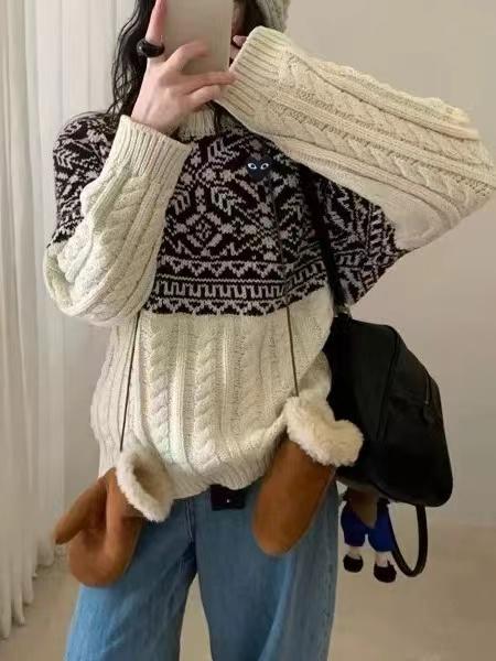 F012212新款麻花纹拼色提花基础圆领毛衣女款 商品图2