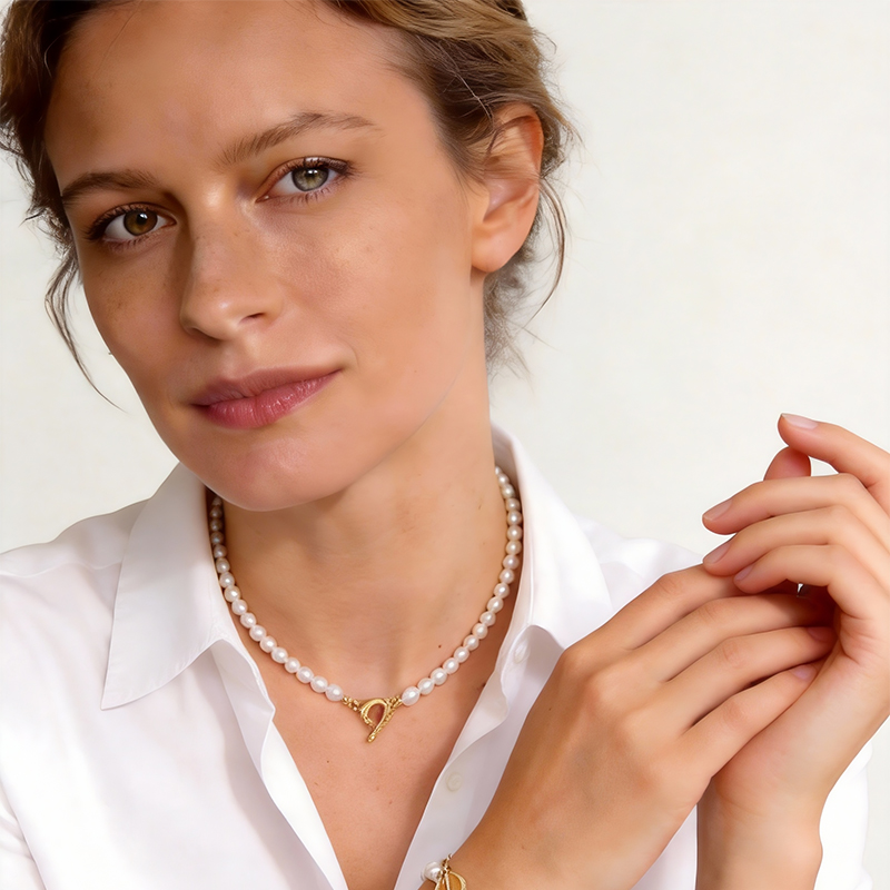 【2件9折】【Petit Bari】法式气质OT扣珍珠短款锁骨项链(项链+扣子总长约40cm)