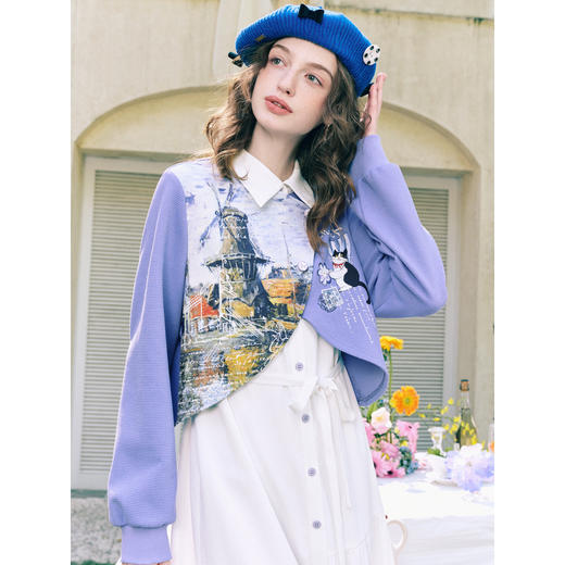 两三事梵高文艺记忆香氛2026春季新款小清新印花拼布假两件连衣裙 商品图2