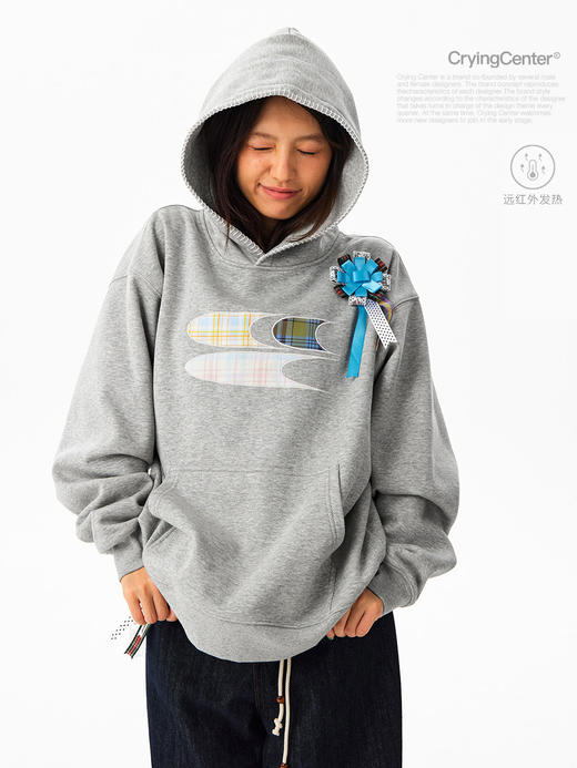 CryingCenter 格纹贴布绣加绒连帽卫衣 配胸花 男女同款 哭喊中心 商品图1