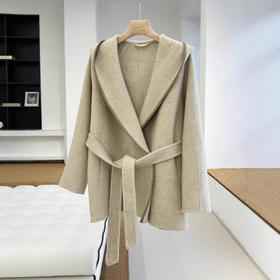 【来点不一样的】柜2200+！高级感拼皮连帽双面呢羊毛大衣女26秋冬中长款毛呢外套！