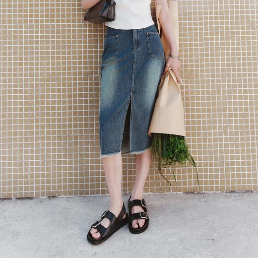 森柔|森马牛仔半身裙女夏季高腰开叉毛边长裙做旧复古潮流直筒裙 商品图2
