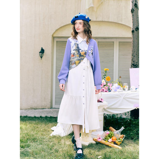 两三事梵高文艺记忆香氛2026春季新款小清新印花拼布假两件连衣裙 商品图1