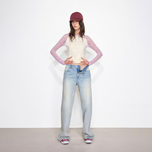 NUTH清爽水洗浅蓝色复古做旧直筒牛仔裤女 商品图1