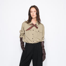 NUTH复古可拆卸格纹领结工装衬衫女 卡其色