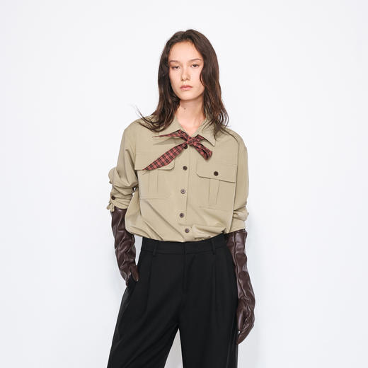 NUTH复古可拆卸格纹领结工装衬衫女 卡其色 商品图0