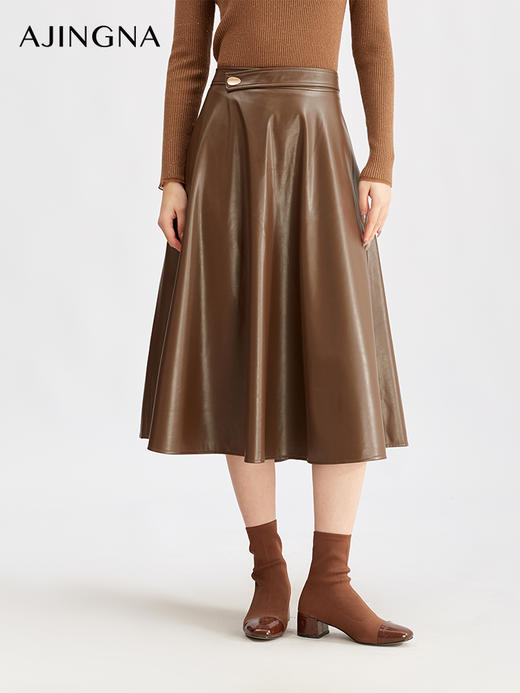 【商场同款】阿菁娜冬季新款复古感A字伞摆半身裙高腰设计金属扣点缀简约不失精致A29D113011 商品图4