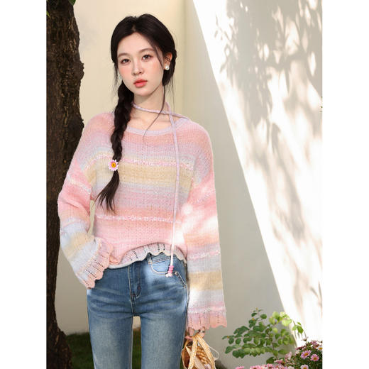 鹿向南「编织彩系」粉色慵懒风针织衫女春季高级洋气薄款罩衫上衣 商品图0