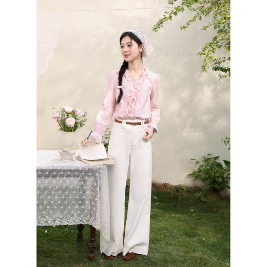 鹿向南「薄雾玫瑰」法式木耳边粉色条纹衬衫女春独特漂亮长袖上衣 商品图3