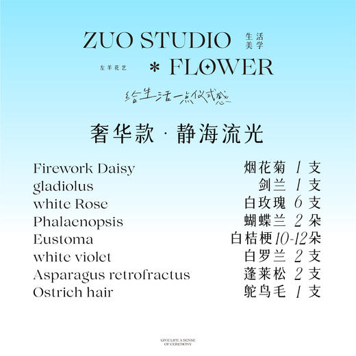 奢华款【静海流光】烟花菊1支/剑兰1支/白玫瑰6支/蝴蝶兰2朵/白桔梗10-12朵/白罗兰2支/蓬莱松2支/鸵鸟毛1支/氛围感鲜花/仪式感鲜花 商品图3