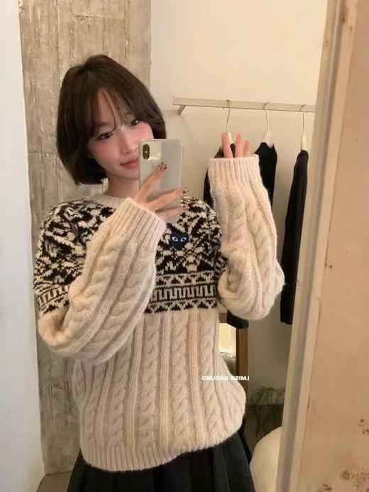 F012212新款麻花纹拼色提花基础圆领毛衣女款 商品图6