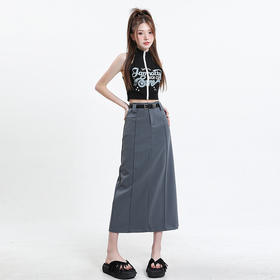 【灰色高腰中裙】2026夏季新款 显瘦学院风西装字一步裙子 后分叉半身裙