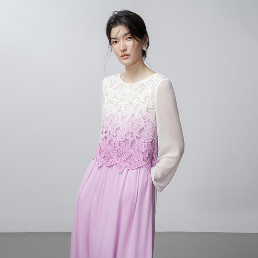 【林栖设计小店】蝶舞翩然|镂空蝴蝶刺绣拼桑蚕丝2026春新款渐变紫连衣裙T1961152 商品图1