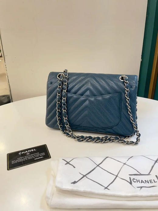 Chanel Cf 蓝色V纹 银扣 荔枝牛皮 小号 单肩包 商品图1