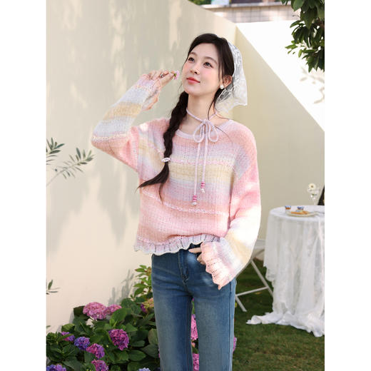 鹿向南「编织彩系」粉色慵懒风针织衫女春季高级洋气薄款罩衫上衣 商品图2