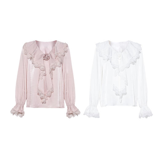 两三事 粉雪旋落 2026春季新款蕾丝拼接荷叶边v领灯笼袖雪纺衫女 商品图4