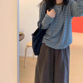 【亲肤面料❗️经典条纹】圆领撞色条纹针织长袖t恤女秋季宽松外穿百搭慵懒风显瘦打底上衣。jc