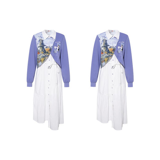 两三事梵高文艺记忆香氛2026春季新款小清新印花拼布假两件连衣裙 商品图4