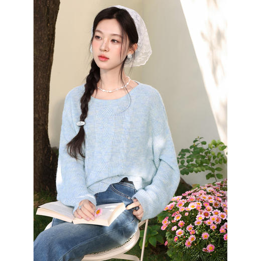 鹿向南「风信子」慵懒感蓝色针织衫女春季收腰显瘦圆领长袖上衣 商品图4