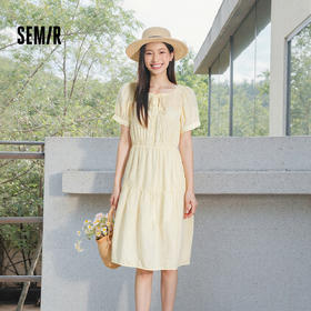 森马连衣裙女夏泡泡袖花边圆领肌理中长裙气质温柔优雅法式蛋糕裙