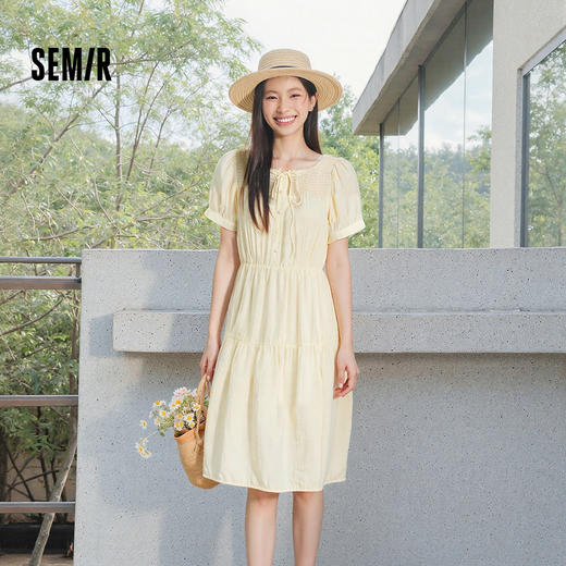 森马连衣裙女夏泡泡袖花边圆领肌理中长裙气质温柔优雅法式蛋糕裙 商品图0