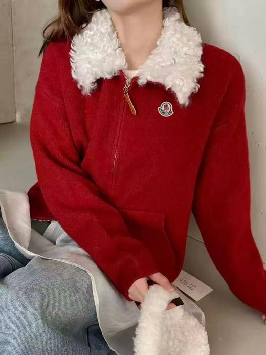 F012210新年红毛绒领针织开衫宽松落肩版型女款 商品图1