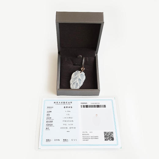 【天然正品】A货翡翠AU750玫瑰金冰种白色叶子造型翡翠（金枝玉叶）吊坠项链49.4*24.9*5.0MM（皆取最大值）060126NJM38 商品图1